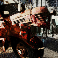 Buy canvas prints of red rusted truck urban collage by olga hutsul