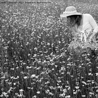 Buy canvas prints of Young woman in a straw hat among daisies by Elizabeth Debenham