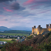 Buy canvas prints of Harlech Castle at twilight with a pink sky sunset by Chris Warren