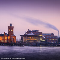 Buy canvas prints of Pier House and Senedd Cardiff in the twilight by Chris Warren