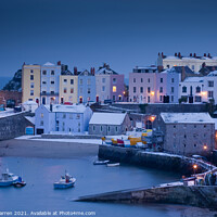 Buy canvas prints of Winter snow Tenby Harbour at twilight by Chris Warren