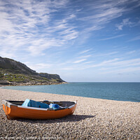 Buy canvas prints of Orange boat on Chesil Beach by Chris Warren
