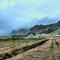 Buy canvas prints of Iceland, Old Barn, Mountains by Robert Cane