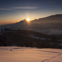 Buy canvas prints of Winter sunset in mountains by Robert Parma