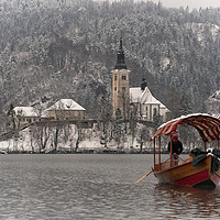 Buy canvas prints of Red Pletna Boat Leaving Bled Island by rawshutterbug 
