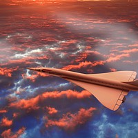 Buy canvas prints of Concorde flying in a sunrise clouds by Jim O'Donnell