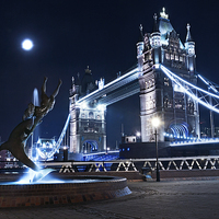 Buy canvas prints of London Tower Bridge with dolphin statue by John Ly