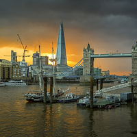 Buy canvas prints of  Sunset at Tower Bridge and the Shard. by John Ly