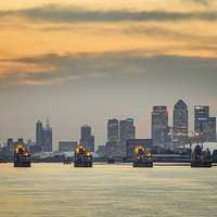 Buy canvas prints of  Sunset on River Thames with Canary Wharf and O2 by John Ly