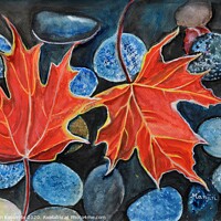 Buy canvas prints of Fall Autumn Leaves on pebbles watercolor landscape by Manjiri Kanvinde