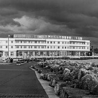 Buy canvas prints of The Midland Hotel in Morecambe at dusk (B/W) by Keith Douglas