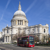 Buy canvas prints of Iconic Red Bus at St Paul's by Keith Douglas