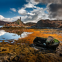 Buy canvas prints of Caisteal Maol and abandoned boat on Skye by Inca Kala