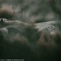 Buy canvas prints of Reclining nude in a cloudscape - distressed green  by Inca Kala
