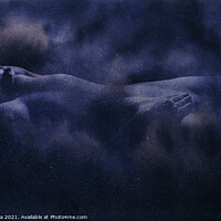 Buy canvas prints of Reclining nude in a cloudscape - deep blue space by Inca Kala