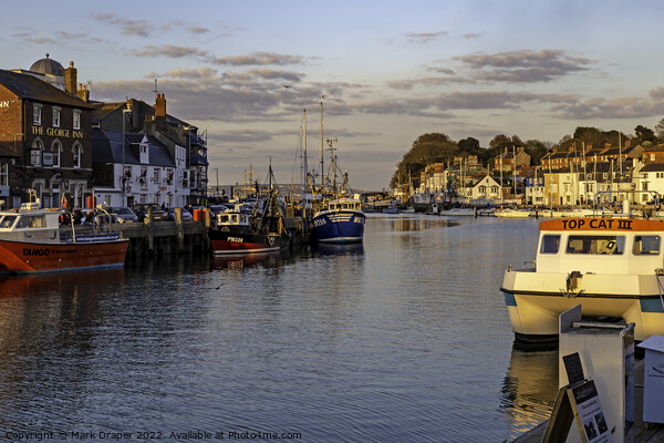 Fishing Vessels at sunset in Weymouth Harbour Picture Board by Mark Draper