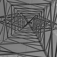 Buy canvas prints of High voltage pylon vertical view in monochrome by Mark Draper