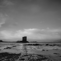 Buy canvas prints of Castle Stalker in Moody Monochrome by Tommy Dickson