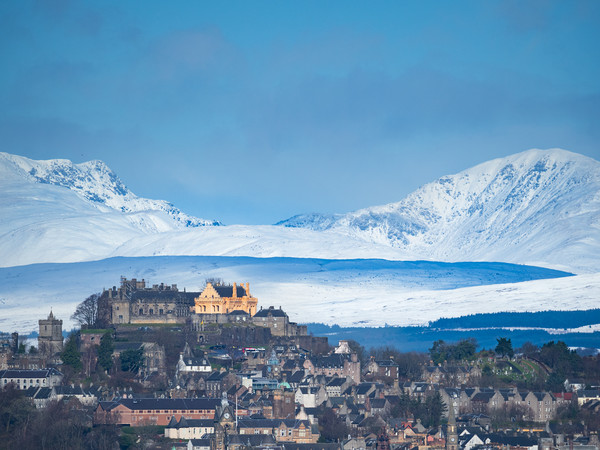 City of Stirling with snow covered Stuc a Chroin a Picture Board by Tommy Dickson