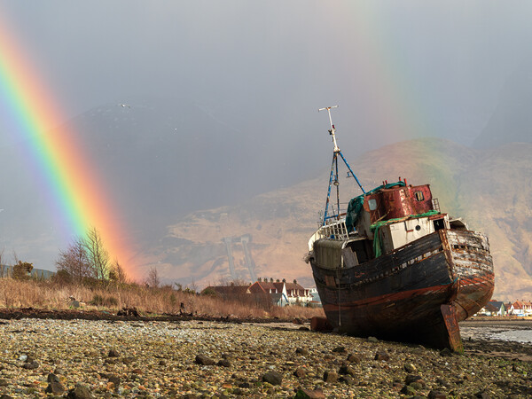 Corpach wreck with rainbow.  Picture Board by Tommy Dickson