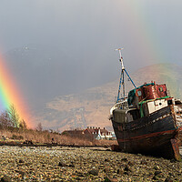 Buy canvas prints of Corpach wreck with rainbow.  by Tommy Dickson