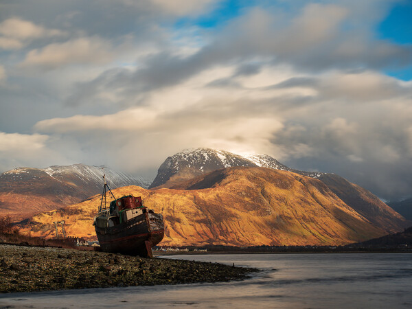 Corpach Wreck and Ben Nevis, Scotland.  Picture Board by Tommy Dickson