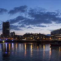Buy canvas prints of Belfast waterfront at blue hour by Vivienne Beck