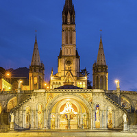 Buy canvas prints of Rosary Basilica, Lourdes at dusk by Daugirdas Racys