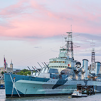 Buy canvas prints of HMS Belfast on the river Thames at sunset by Daugirdas Racys