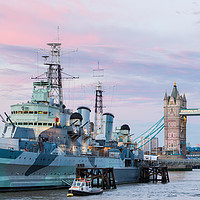 Buy canvas prints of HMS Belfast and London Tower bridge at the sunset  by Daugirdas Racys