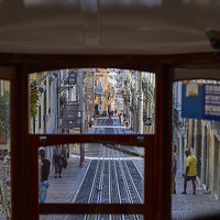 Buy canvas prints of  View through a tram window, Lisbon by Mark Bangert