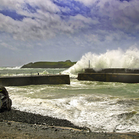 Buy canvas prints of Rough Sea at Mullion Harbour by John B Walker LRPS