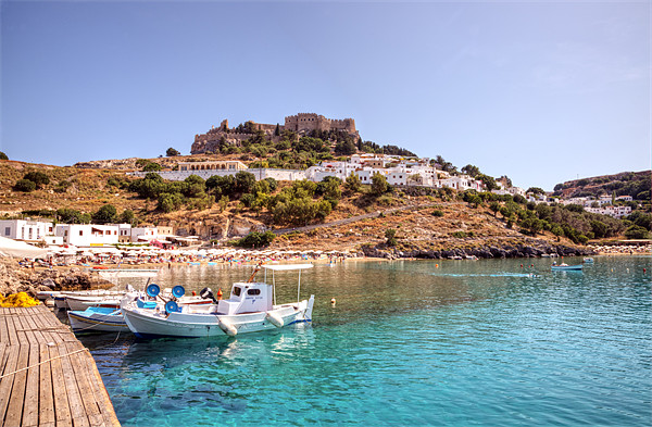 Lindos Rhodes Beach and Acropolis Picture Board by Mike Gorton