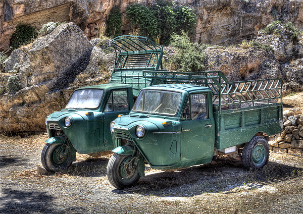 Vintage Mazda Three Wheel Pickups in Lindos Rhodes Picture Board by Mike Gorton