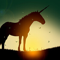 Buy canvas prints of Silhouette of unicorn at sunset surrounded by fairy butterflies by Guido Parmiggiani