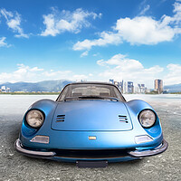 Buy canvas prints of Blue Ferrari Dino, front view parked in a large square by Guido Parmiggiani