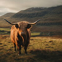 Buy canvas prints of A highland cow standing in a field with a mountain by Guido Parmiggiani