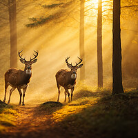 Buy canvas prints of Two deer standing in the woods at sunset by Guido Parmiggiani