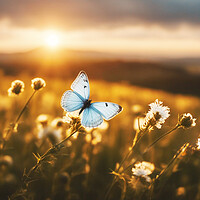 Buy canvas prints of Wildflowers and butterfly at sunset. by Guido Parmiggiani
