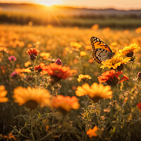 Buy canvas prints of Wildflowers and butterfly at sunset. by Guido Parmiggiani