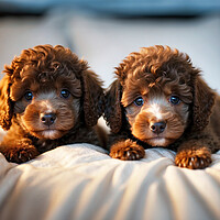 Buy canvas prints of Two cute poodle puppies cuddled on home bed. by Guido Parmiggiani