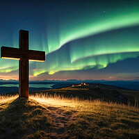 Buy canvas prints of Cross on the hill and a suggestive Northern Lights. by Guido Parmiggiani