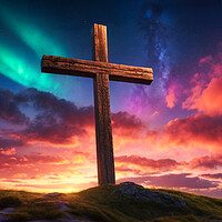 Buy canvas prints of wooden religious cross on the hill with beautiful northern lights and sunset by Guido Parmiggiani
