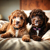 Buy canvas prints of Two adorable brown poodle puppies on top of fluffy bed by Guido Parmiggiani