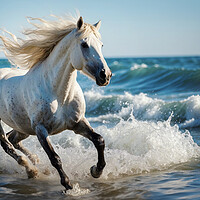 Buy canvas prints of A white stallion gallops over a wave in the ocean by Guido Parmiggiani