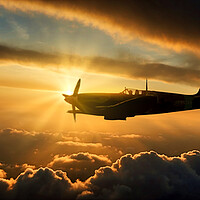 Buy canvas prints of Evening at dusk: Spitfire in free Evening at dusk: Spitfire in free flight by Guido Parmiggiani