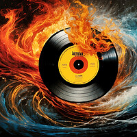Buy canvas prints of vintage vinyl record surrounded by fire and water. by Guido Parmiggiani