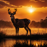 Buy canvas prints of A young deer stands out beautifully against the backdrop of an enchanting sunset over the lake. by Guido Parmiggiani