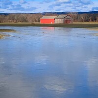 Buy canvas prints of Winter wonderland Red barn and ice pond by Deanne Flouton