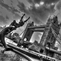 Buy canvas prints of Dolphin by Tower Bridge by Andy Huntley